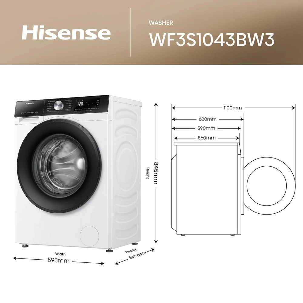 Hisense WF3S1043BW3 10.5kg 1400 Spin Washing Machine - Image 3