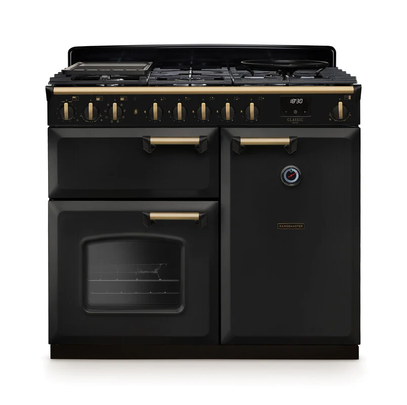 Rangemaster Classic Deluxe CLDL100DFPCBL/AB1 100cm Dual Fuel Charcoal Black/Antique Brass