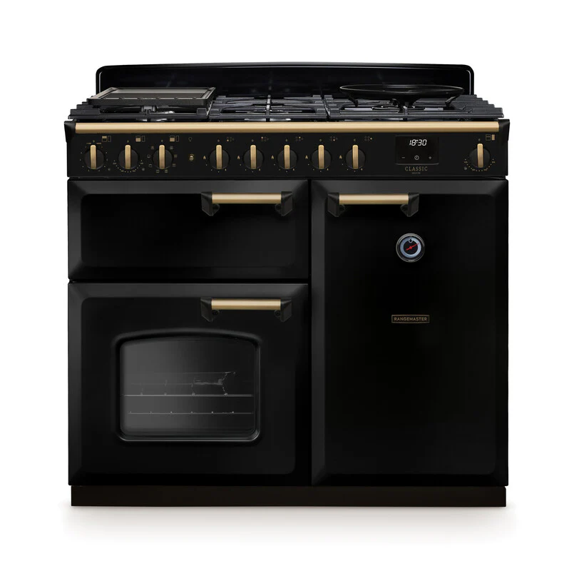 Rangemaster Classic Deluxe CLDL100DFPGBL/AB1 100cm Dual Fuel Gloss Black/Antique Brass