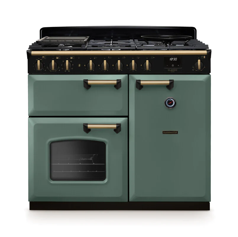 Rangemaster Classic Deluxe CLDL100DFPMGR/AB1 100cm Dual Fuel Mineral Green/Antique Brass