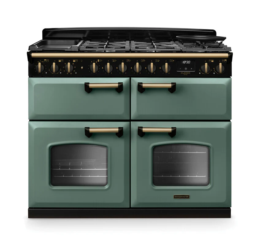 Rangemaster Classic Deluxe CLDLB110DFPMGR/AB1 110cm Dual Fuel Range Cooker Mineral Green/Antique Brass