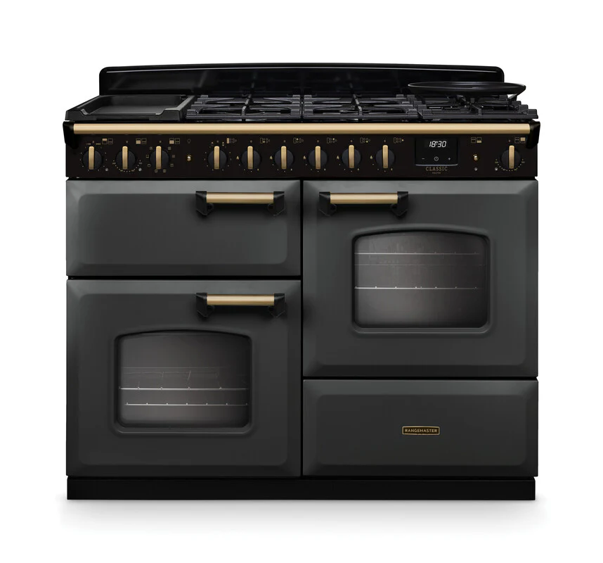 Rangemaster Classic Deluxe CLDLO110DFPSLT/AB1 110cm Dual Fuel Range Cooker Slate/Antique Brass