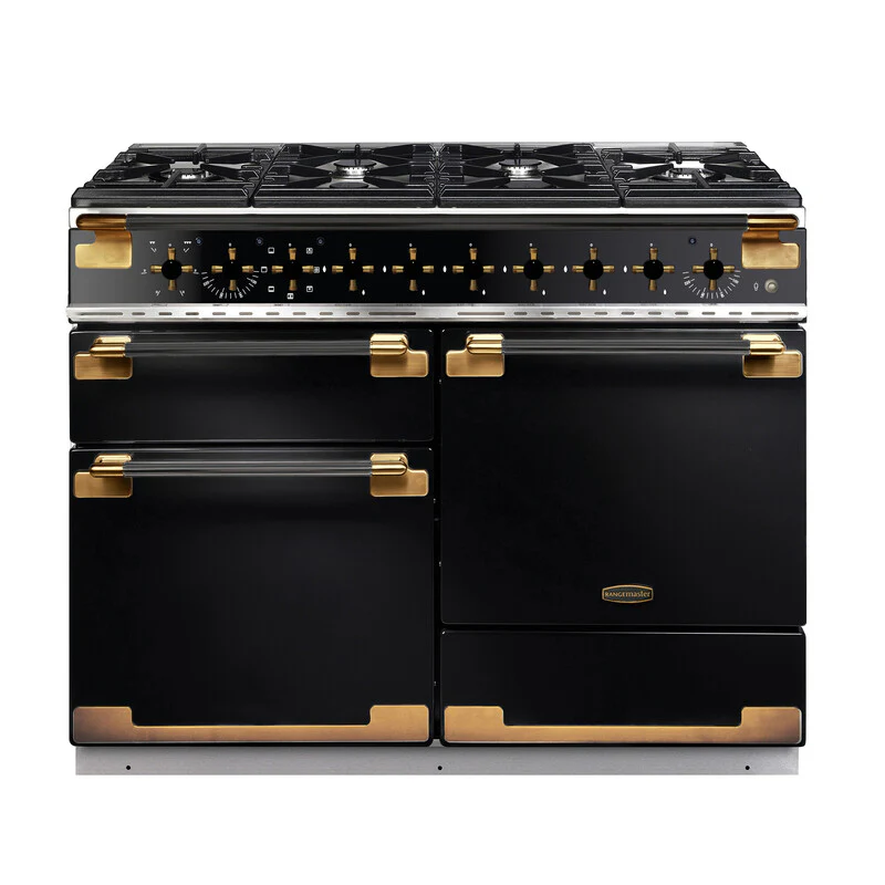 Rangemaster Elise Luxe ELS110DFFGB/BE 110cm Dual Fuel Range Cooker in Black with Black Antique Brass