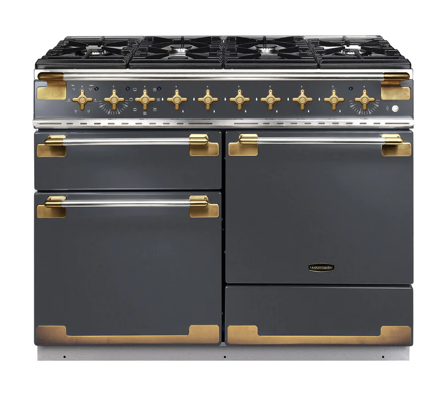 Rangemaster Elise Luxe ELS110DFSL/AB 110cm Dual Fuel Range Cooker in Slate with Antique Brass