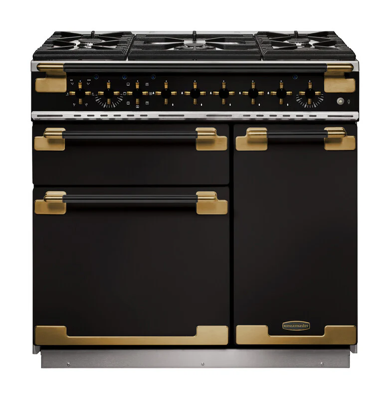 Rangemaster Elise Luxe ELS90DFFGB/BE 90cm Dual Fuel Range Cooker Black with Black Antique Brass