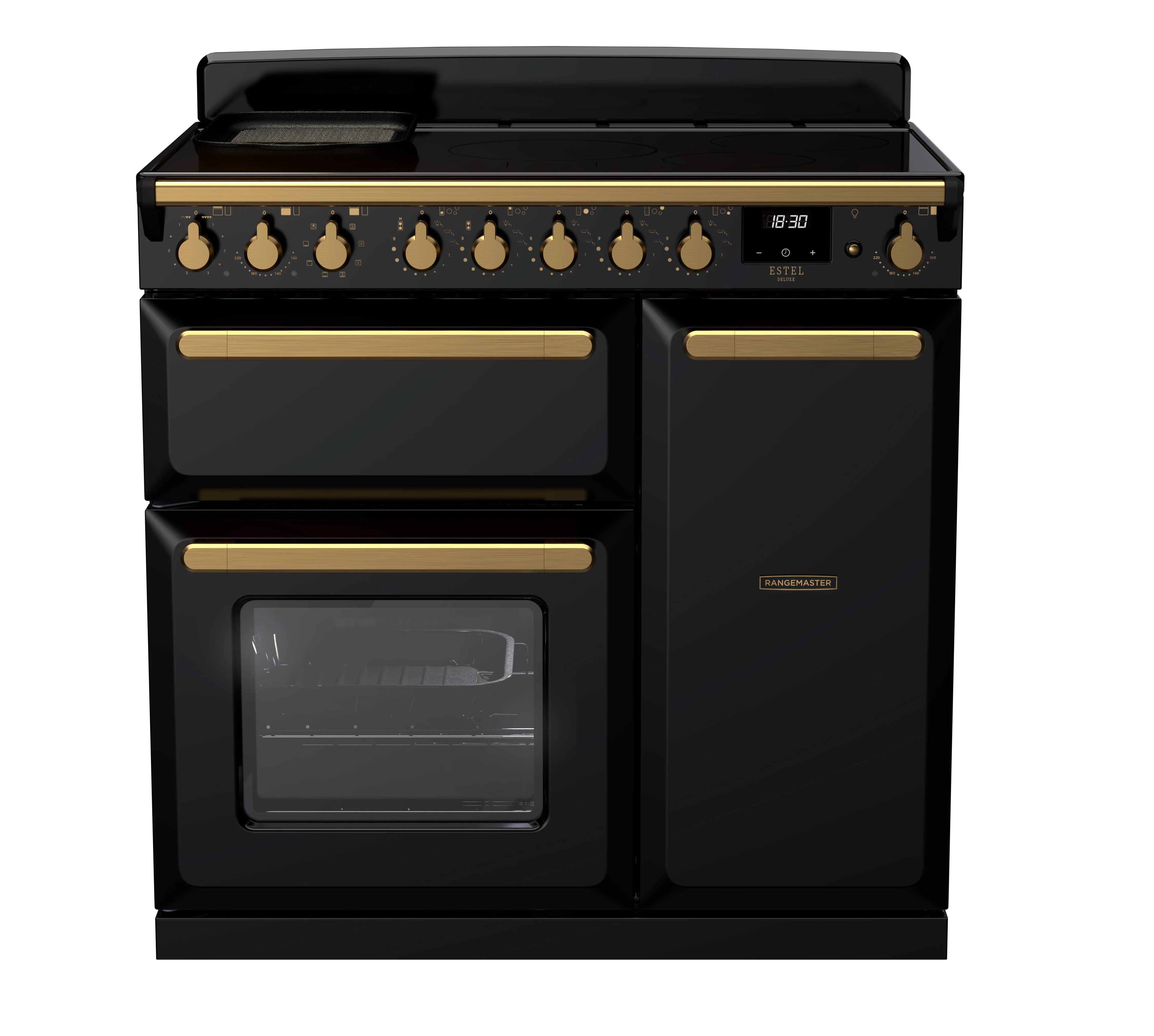Rangemaster Estel Deluxe 90cm Induction Range Cooker ESDL90EIPGBL/AB1 Gloss Black with Antique Brass Trim