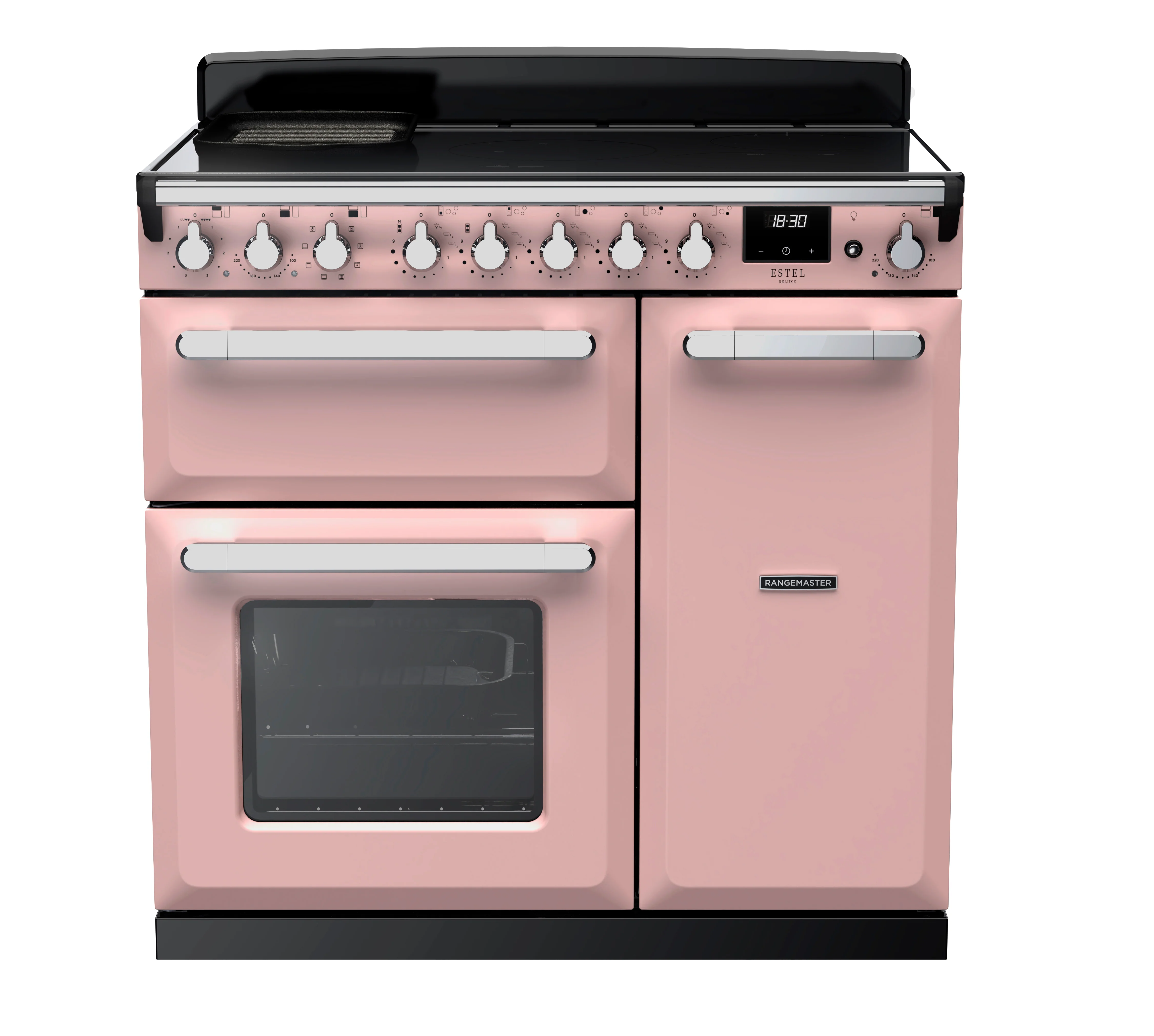 Rangemaster Estel Deluxe 90cm Induction Range Cooker ESDL90EIPPPK/CM1 Pale Pink with Chrome Trim