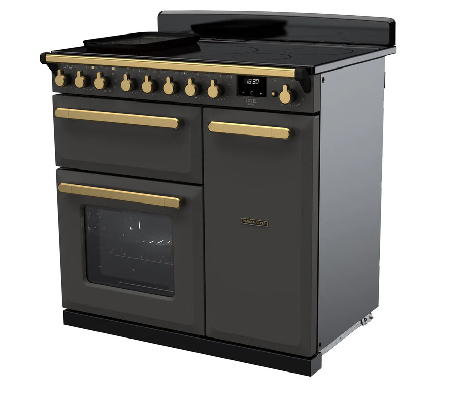 Rangemaster Estel Deluxe 90cm Induction Range Cooker ESDL90EIPSLT/AB1 Slate with Antique Brass Trim - Image 2