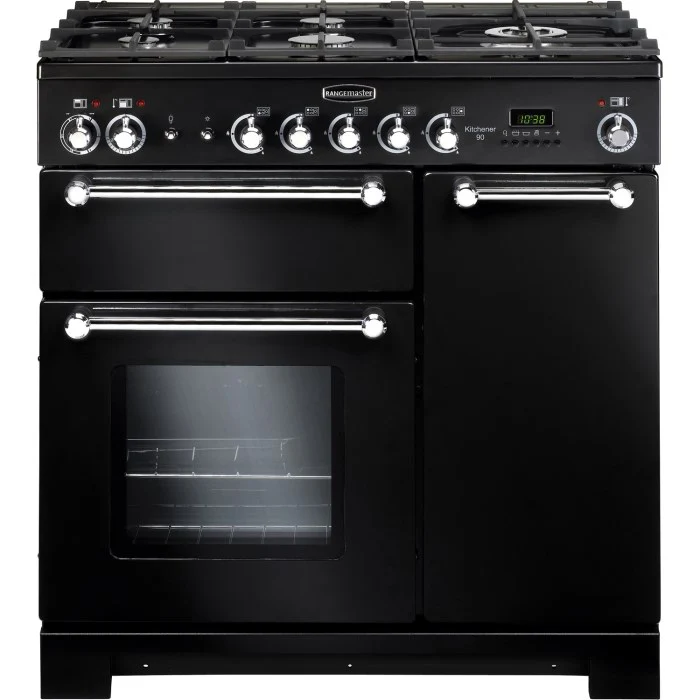 Rangemaster Kitchener 90cm Dual Fuel Range Cooker Black with Chrome